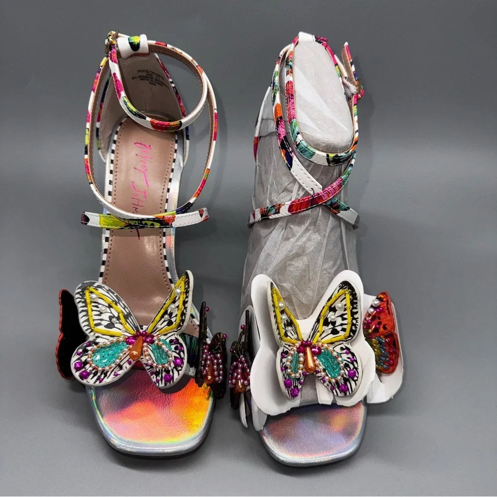 NEW BETSEY JOHNSON Trudie Beaded Butterfly Sandals Heels Size 7.5 Multicolor